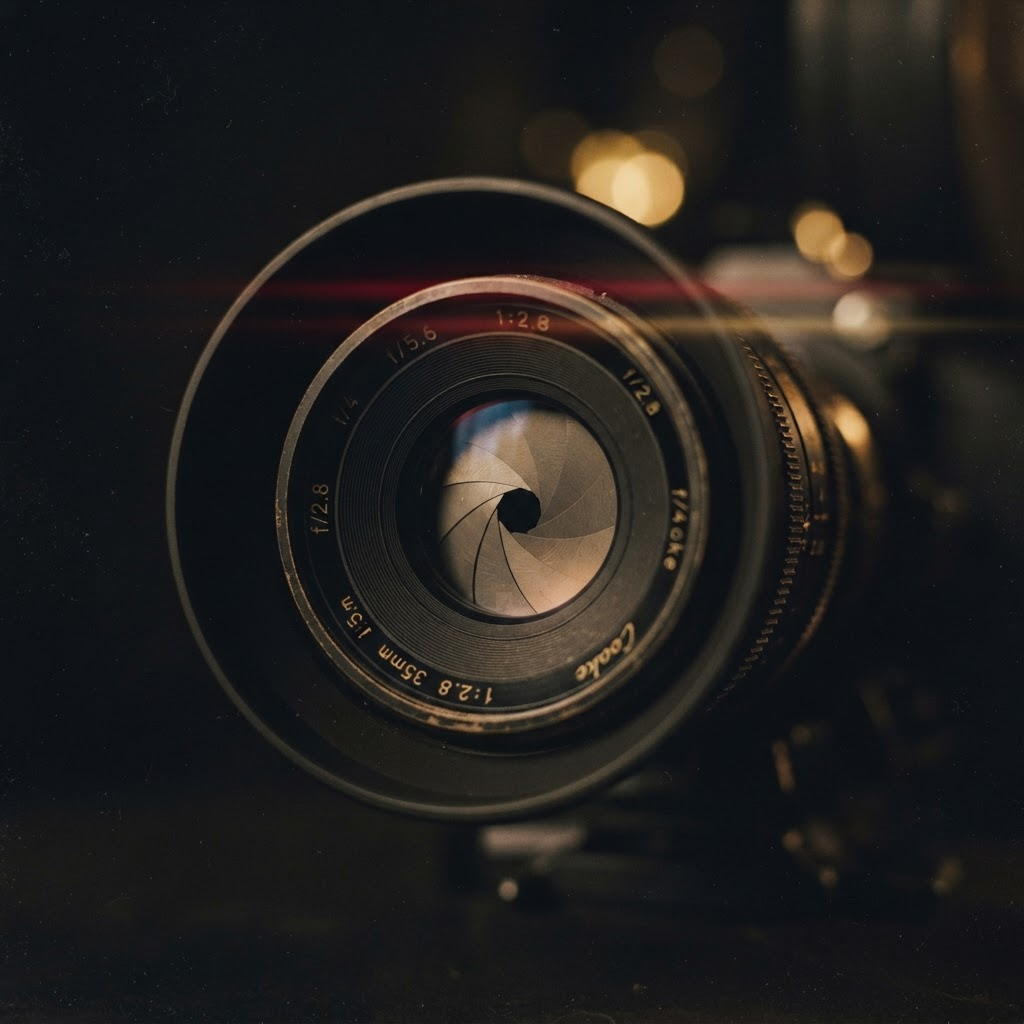 Close-up of a cinema camera lens with warm light leaks